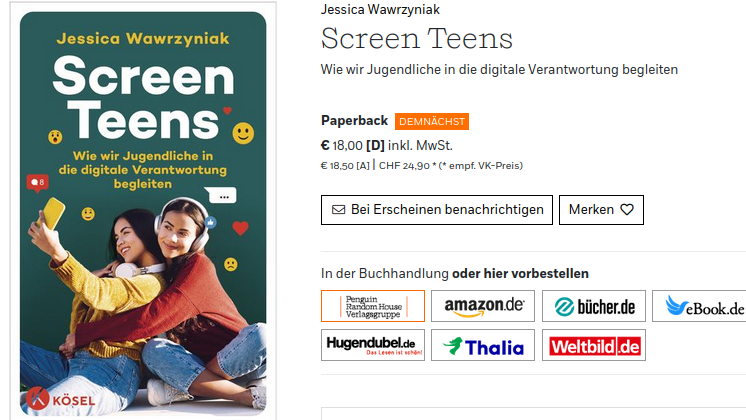 Übersicht der Bestellmöglichkeiten des Buchs „Screen Teens“, z.B. bei amazon.de, bücher.de, ebook.de, Thalia, usw.