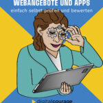 Cover des Mini-Buchs "Vertrauenswürdige Webangebote und Apps: einfach selbst prüfen und bewerten". Darauf abgebildet ist eine Fraz, die ein Tablet in den Hönden hält. Sie richtet sich ihre Brille, die aus Zahnrädern besteht, die so aussehen, wie das Symbol für Einstellungsoptionen