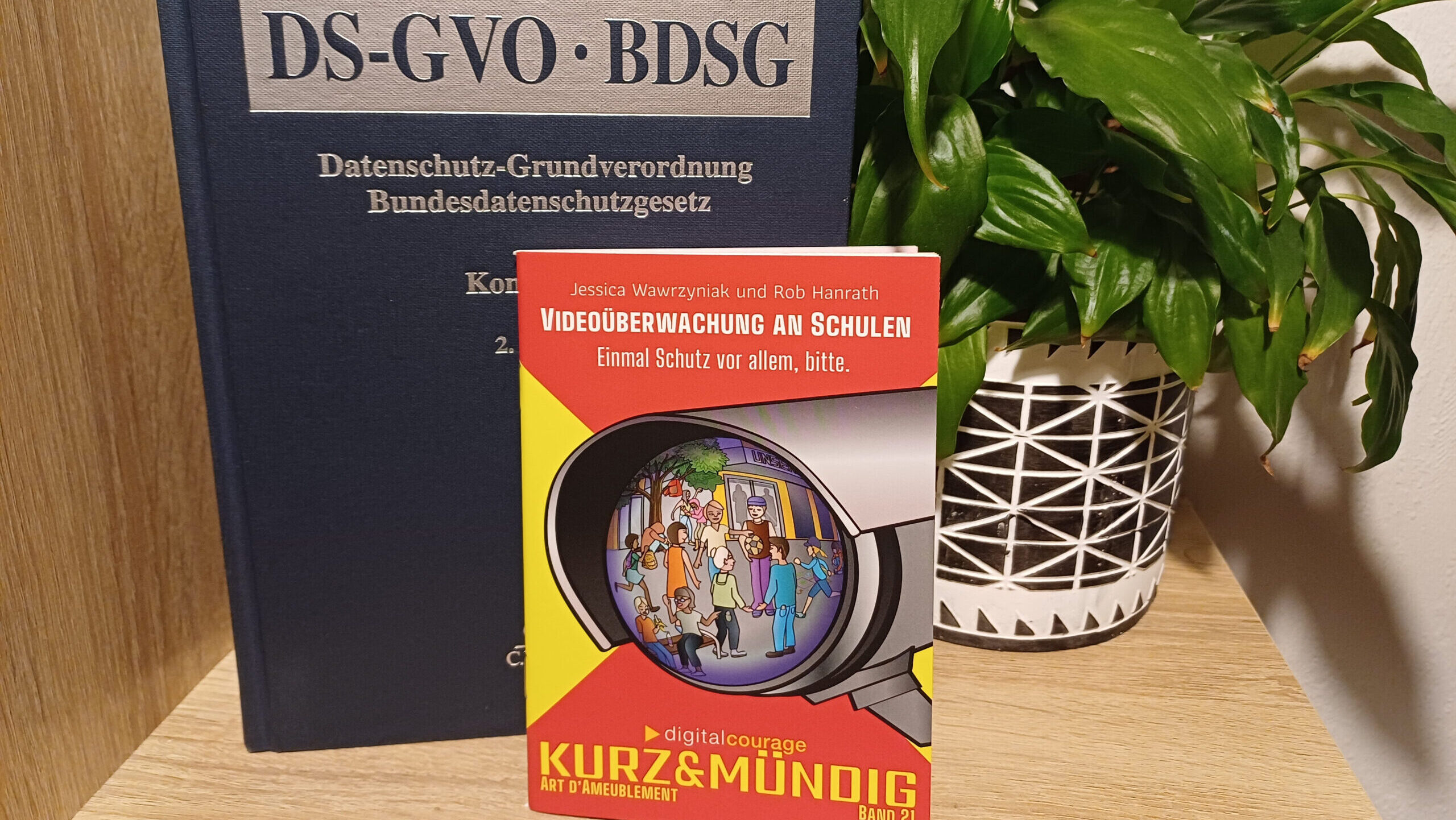 Das Mini-Buch "Videoüberwachung an Schulen" steht in einem regal vor dem Buch "DS-GVO – BDSG". Daneben eine schöne Grünpflanze.