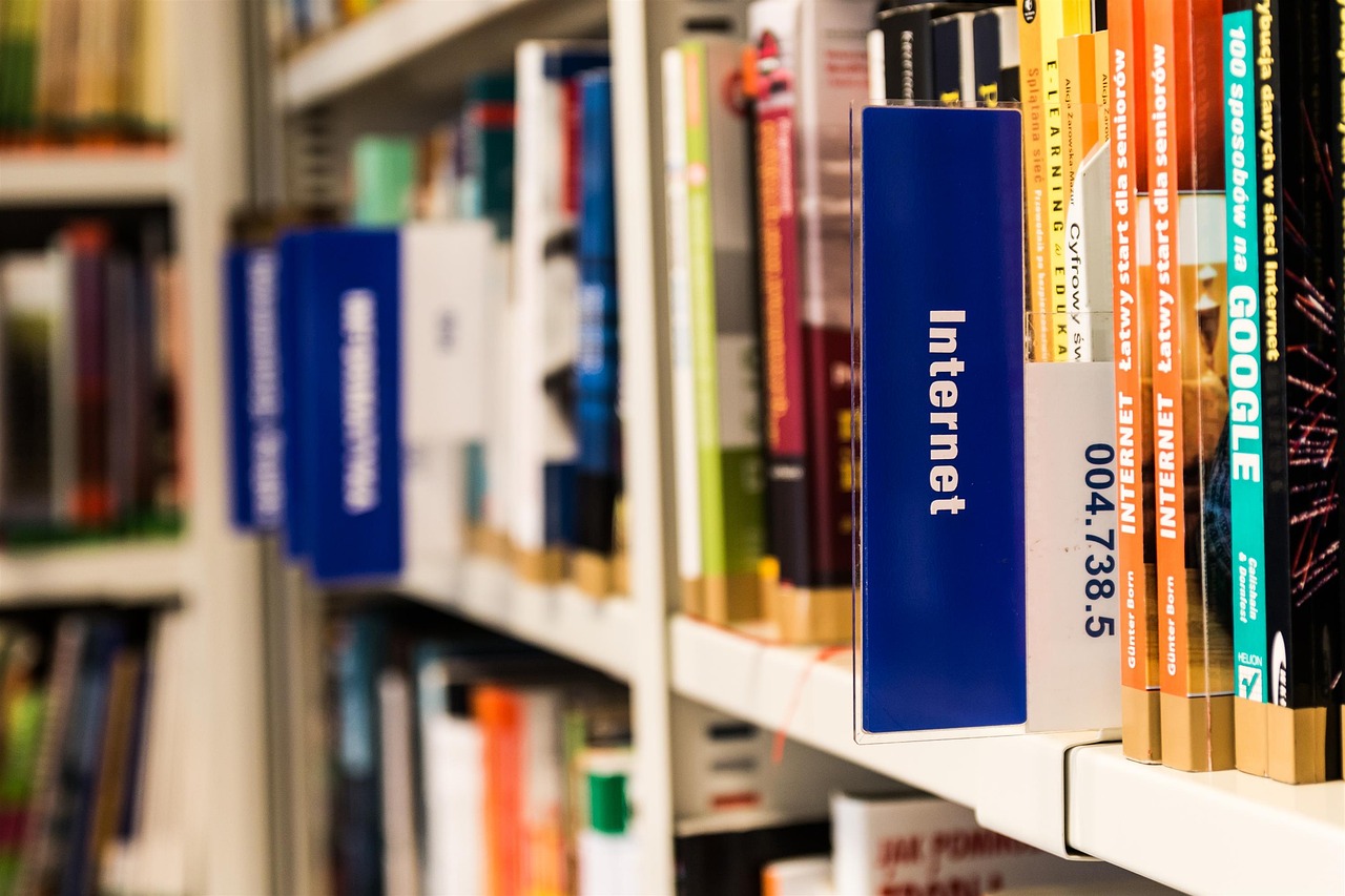 Ein Regal in einer Bibliothek. Am Regal steht das Thema der Literatur: „Internet“